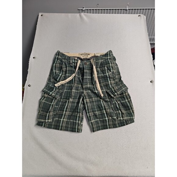 Abercrombie Fitch Cargo Shorts Men 34 Green Plaid Drawstring Heavyweight Utility - Picture 1 of 5